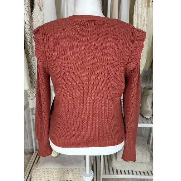 Marled Reunited Clothing Women's Sz L Mauve Ruffle Shoulder Cardigan #0378 - Picture 5 of 11